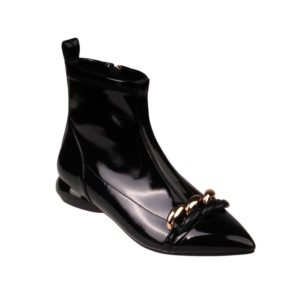 Stylish Womens Black Flat Fashion Pointy Boots With Chain